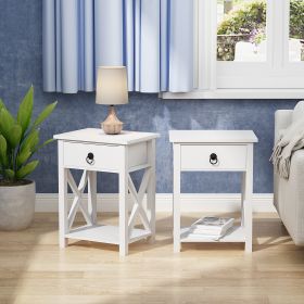 Set of 2 Wooden Nightstand;  X-Shaped Sofa Side Table End Table with Drawer and Open Shelf;  Bedroom Living Room Furniture - White