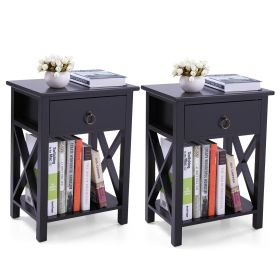 Set of 2 Wooden Nightstand;  X-Shaped Sofa Side Table End Table with Drawer and Open Shelf;  Bedroom Living Room Furniture - Black