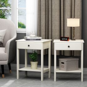 Wood Nightstand Set of 2;  Modern Bedside Table with Drawer and Shelf;  3-Tier Sofa Side Table End Table;  Living Room Bedroom Furniture - White