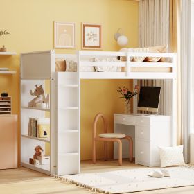 Twin Size Loft Bed with Ladder;  Shelves;  and Desk - White