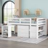 Low Study Full Loft Bed with Cabinet ; Shelves and Rolling Portable Desk ; Multiple Functions Bed - White