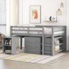 Low Study Full Loft Bed with Cabinet ; Shelves and Rolling Portable Desk ; Multiple Functions Bed - Gray