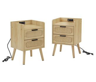 Rattan nightstand with socket side table natural handmade rattan(2PC; Natural ; 15.55''W*13.78''D*23.82''H) - 1