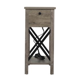 Farmhouse Flip Top End Table with Charge Station;  X-Shaped Profile Narrow Side Table with Drawer for Office;  Bedroom;  Living Room;  Gray - 1 piece