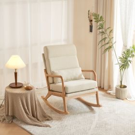 100*65*101cm High Back Belt Waist Pillow Log Color Solid Wood Armrest Backrest Seat Frame Iron Frame Indoor Rocking Chair Off-white Linen - as picture