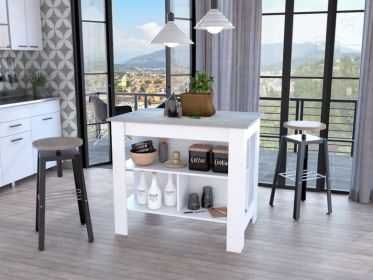 Brooklyn Kitchen Island; Three Concealed Shelves - White / Ibiza Marble