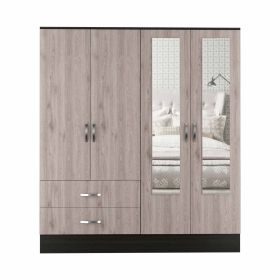 Florencia L Mirrored Armoire; Two Cabinets With Divisions; Two Drawers - Black / Light Gray