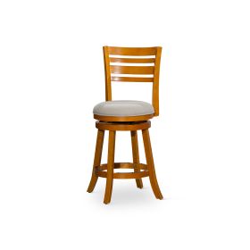 24" Counter Height Slat Back Swivel Stool; Natural Finish; Beige Fabric Seat - as Pic