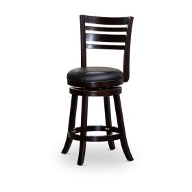 24" Counter Height Slat Back Swivel Stool; Espresso Finish; Black Leather Seat - as Pic