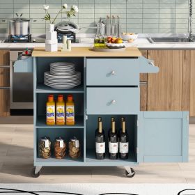 K&K Store Kitchen Cart on 4 Wheels with 2 Drawers and 3 Open Shelves; Kitchen Island with Rubber Wood top for Dinning Room; Grey Blue - as Pic