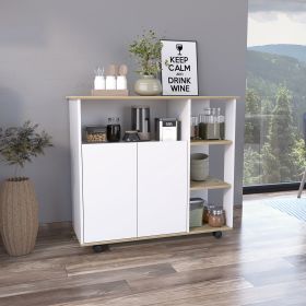 Paprika Kitchen Cart; Four Casters ; Four Open Shelves; Double Door Cabinet -Light Oak / White - as Pic