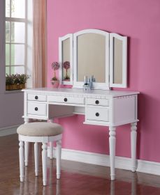 Bedroom Contemporary Vanity Set w Foldable Mirror Stool Drawers White Color - as Pic