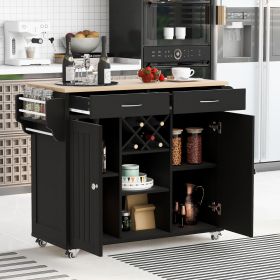 K&amp;K Store Kitchen Island Cart with Two Storage Cabinets and Four Locking Wheels; Wine Rack; Two Drawers; Spice Rack; Towel Rack (Black) - as Pic