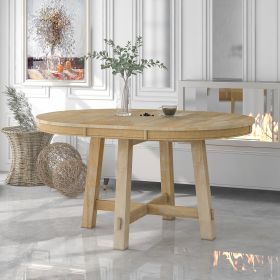 TREXM Farmhouse Round Extendable Dining Table with 16&quot; Leaf Wood Kitchen Table (Natural Wood Wash) - as Pic