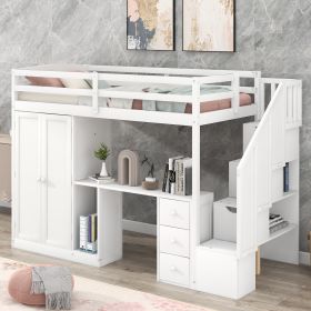 Twin Size Loft Bed with Wardrobe and Staircase;  Desk and Storage Drawers and Cabinet in 1 - White