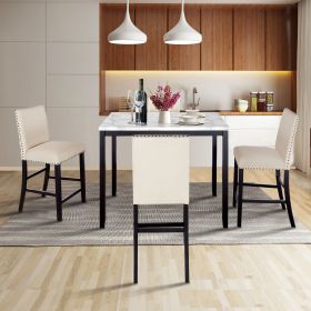 5 Piece Counter Height Faux Marble Modern Dining Set with Matching Chairs and Marble Veneer for Home - Beige