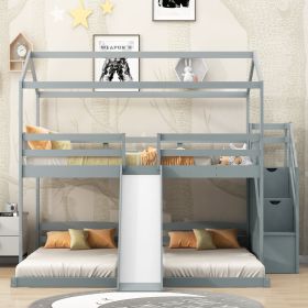 Full over Twin & Twin Bunk Bed,with Slide and Storage Staircase,Built-in Drawer and Shelf - Gray