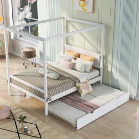 Full Size Canopy Platform Bed with Trundle,With Slat Support Leg - White