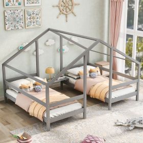 Double Twin Size Triangular House Beds with Built-in Table,Gray - Gray