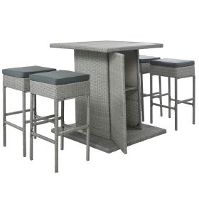 5-Piece Rattan Dining Table Set, PE Wicker Square Kitchen Table Set with Storage Shelf and 4 Padded Stools for Poolside, Garden, Gray Wicker+Dark Gray