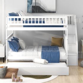 Full over Full Bunk Bed with Trundle and Staircase - White