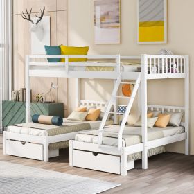 Full Over Twin & Twin Bunk Bed, Wood Triple Bunk Bed with Drawers and Guardrails - White