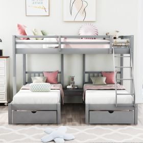 Full Over Twin & Twin Bunk Bed, Wood Triple Bunk Bed with Drawers and Guardrails - Gray