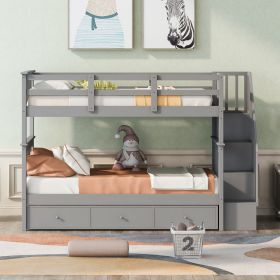 Stairway Twin-Over-Twin Bunk Bed with Three Drawers for Bedroom, Dorm - Gray - Gray