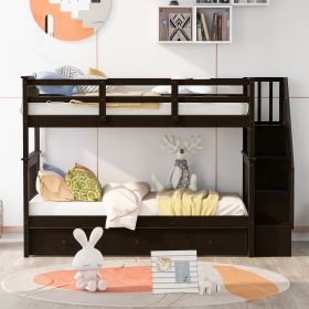 Stairway Twin-Over-Twin Bunk Bed with Three Drawers for Bedroom, Dorm - Gray - Espresso