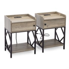 Set of 2 Wood Nightstand, Farmhouse End Table with Charging Station, USB Ports, Cabinet, and Shelf, Sofa Bed Side Table for Bedroom Living Room, Adjus