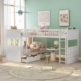 Twin Size Bunk Bed with a Loft Bed attached, with Two Drawers,Gray - White