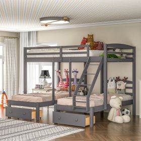 Full over Twin & Twin Bunk Bed,Triple Bunk Bed with Drawers, Gray - Gray