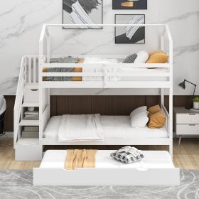 Multifunctional Twin over Twin House Bunk Bed with Staircase and Storage Space - White