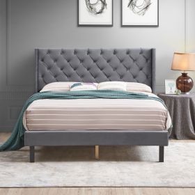 Velvet Button Tufted-Upholstered Bed with Wings Design - Strong Wood Slat Support - Easy Assembly - Dark Gray