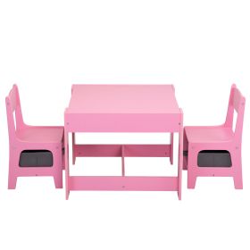 3-in-1 Kids Wood Table and 2 Chairs, Children Activity Table Set with Storage, Blackboard, Double-Sided Table for Drawing - pink+gray