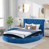 Queen Size Round Shape Upholstery Low Profile Storage Platform Bed with Storage Space on both Sides and Footboard - Blue