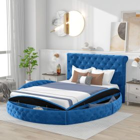 Queen Size Round Shape Upholstery Low Profile Storage Platform Bed with Storage Space on both Sides and Footboard - Blue