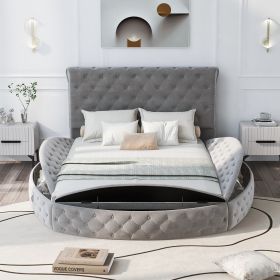 Queen Size Round Shape Upholstery Low Profile Storage Platform Bed with Storage Space on both Sides and Footboard - Grey