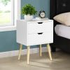 Side Table with 2 Drawer and Rubber Wood Legs;  Mid-Century Modern Storage Cabinet for Bedroom Living Room Furniture;  White - White