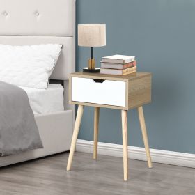 Side Table with 1 Drawer and Rubber Wood Legs;  Mid-Century Modern Storage Cabinet for Bedroom Living Room Furniture;  White with solid wood color - W