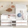 Full Size House Low Loft Bed with Four Drawers - White