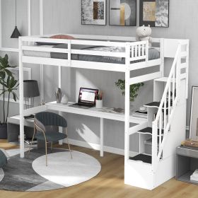 Twin Size Loft Bed with Storage Staircase and Built-in Desk - White