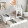 Twin Size House Low Loft Bed with Trundle - White