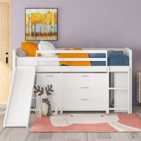 Low Twin Size Loft Bed with Cabinets;  Shelves and Slide - White