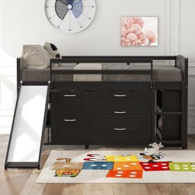 Low Twin Size Loft Bed with Cabinets;  Shelves and Slide - Espresso