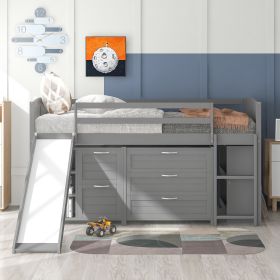 Low Twin Size Loft Bed with Cabinets;  Shelves and Slide - Gray