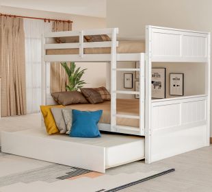 Full Over Full Bunk Bed with Twin Size Trundle - White