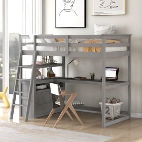 Twin Size Loft Bed with Desk and Shelves;  Two Built-in Drawers - Gray