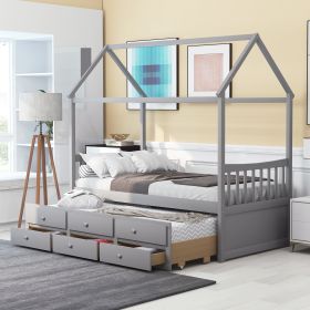 Twin size Wooden House Bed with Trundle and 3 Storage Drawers - Gray