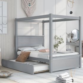 Wood Canopy Bed with Trundle Bed ; Full Size Canopy Platform bed With Support Slats .No Box Spring Needed - Gray